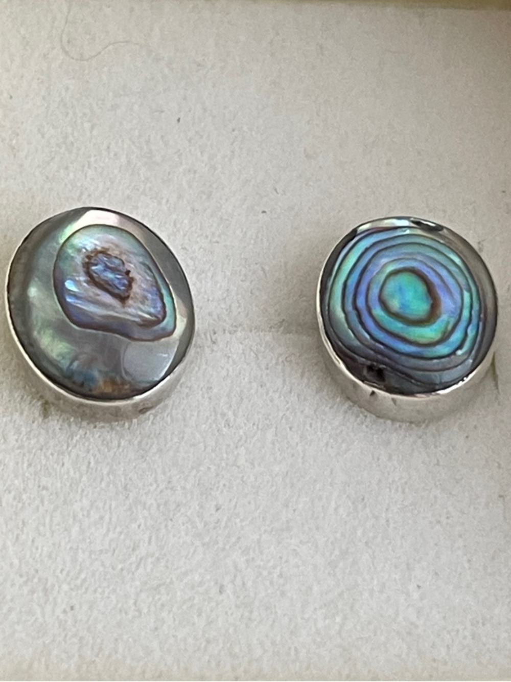 Vintage Iridescent Abalone Shell Sterling Stud Earrings - Green-Blue Hues